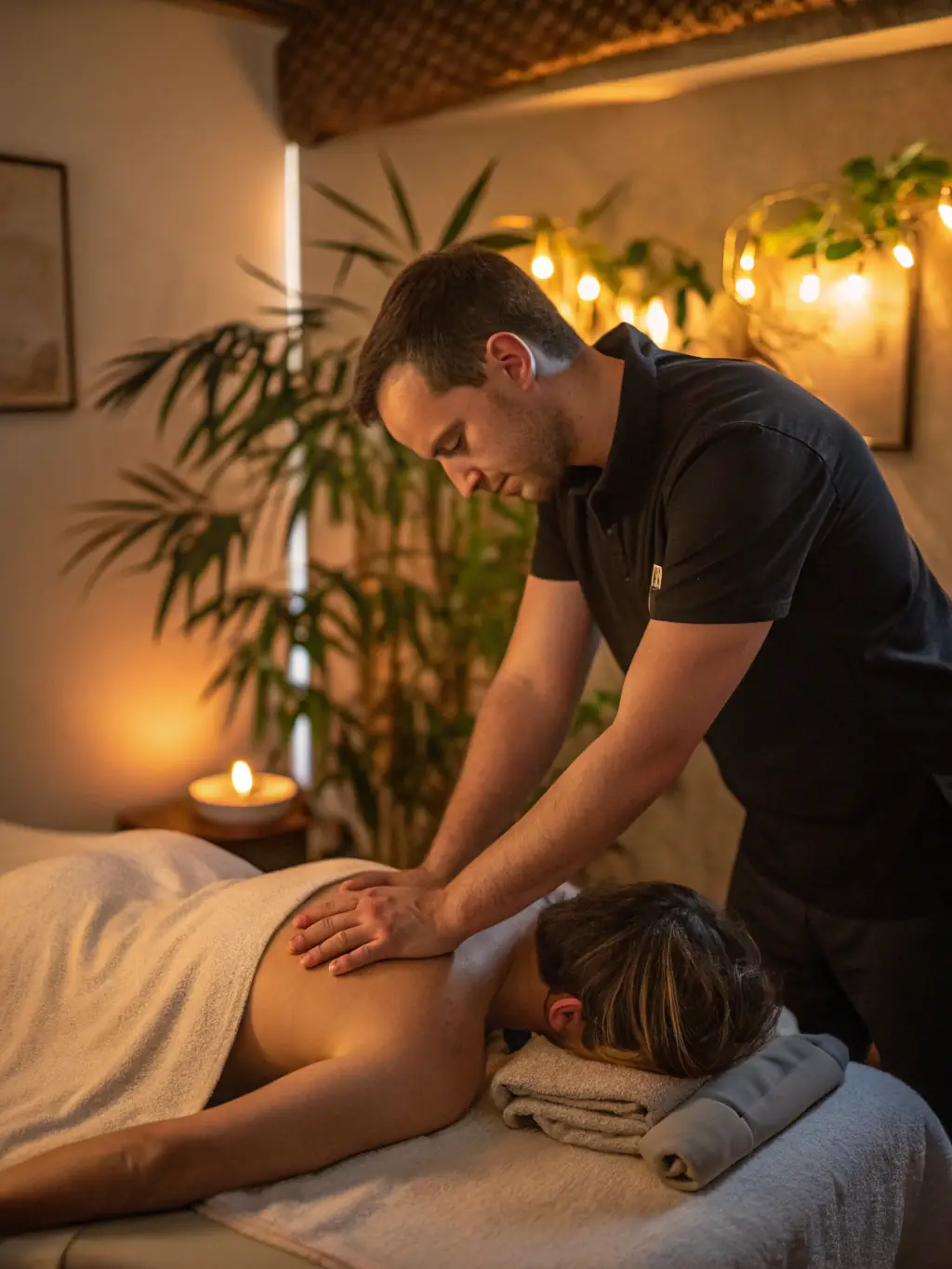 A skilled therapist at Sheikhspa Center performing a therapeutic massage on a client in a dimly lit, tranquil treatment room, showcasing the relaxation and muscle relief provided.