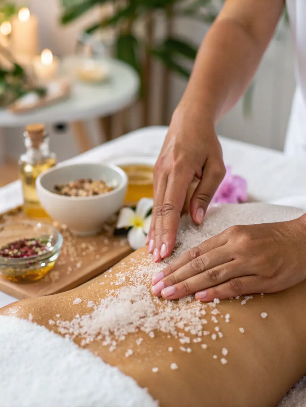 A close-up shot of a client's back being gently scrubbed with natural exfoliating ingredients and aromatic oils at Sheikhspa Center, highlighting the skin revitalization process.